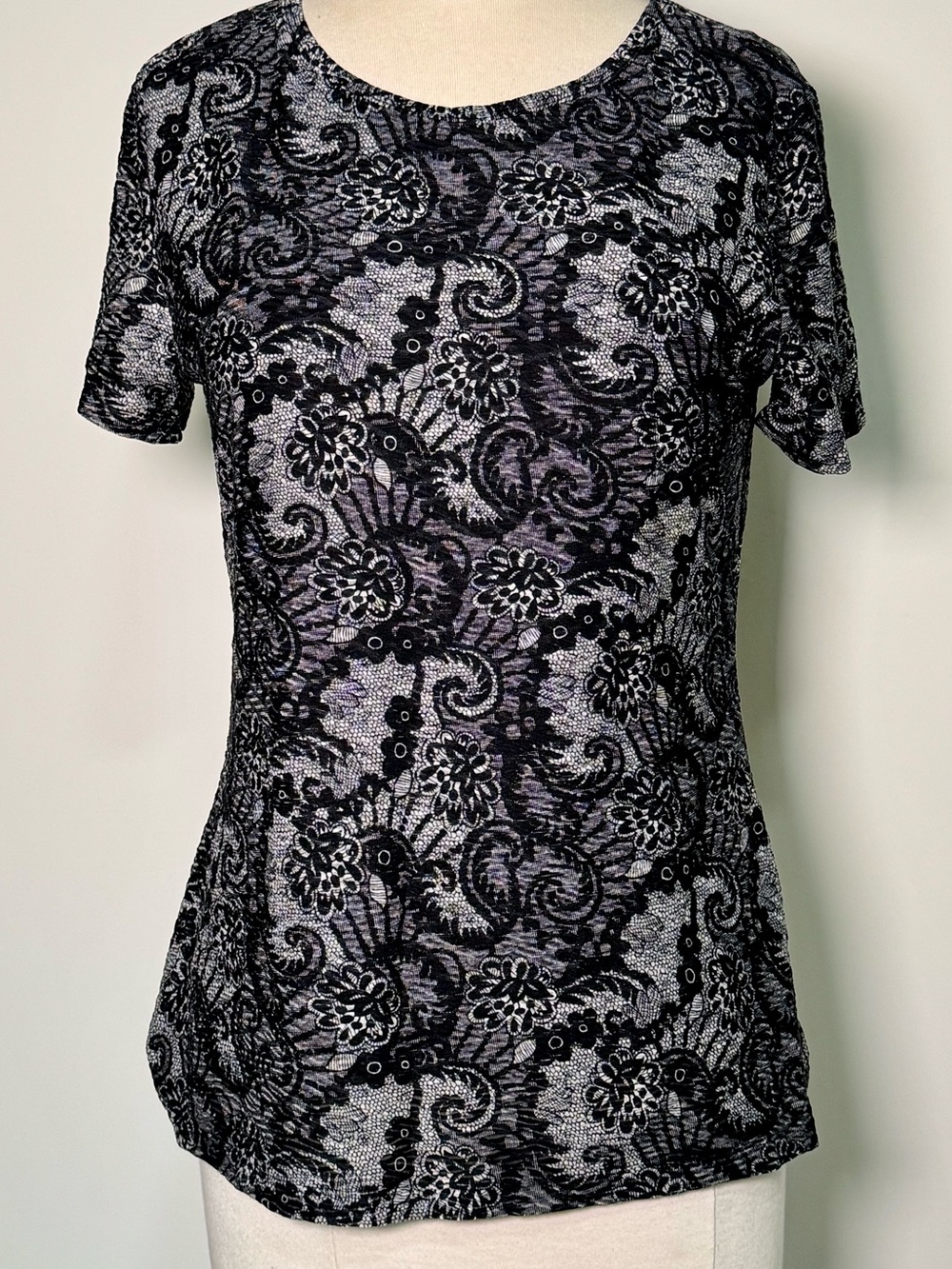 Nice White with a Black Lace Overlay Short Sleeve Top Soft and Comfortable